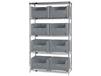 CHROME WIRE SHELVING UNITS WITH GIANT HOPPER BINS