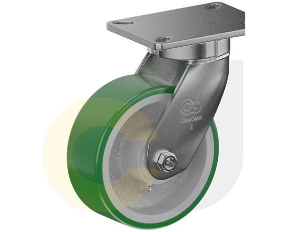 ZINC PLATED KINGPINLESS CASTERS- POLY ON CAST IRON WHEELS