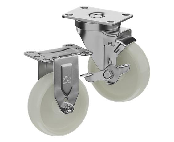 STAINLESS STEEL CASTERS - WHITE NYLON WHEELS
