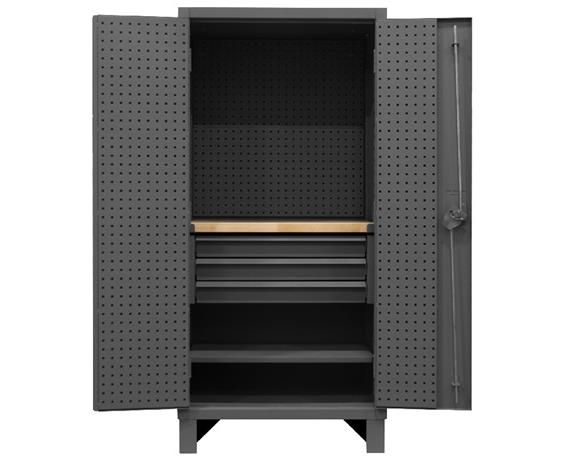 HEAVY DUTY CABINET WITH PEGBOARD DOORS, DRAWERS, 1 SHELF &amp; BUTCHERBLOCK WORK SURFACE
