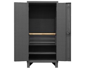 HEAVY DUTY CABINET WITH PEGBOARD DOORS, DRAWERS, 1 SHELF &amp; BUTCHERBLOCK WORK SURFACE