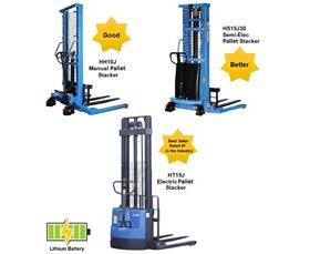 PALLET STACKERS THAT ARE MANUAL, SEMI-ELECTRIC AND FULL ELECTRIC W/ADJUSTABLE BASE LEGS