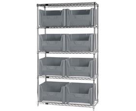 CHROME WIRE SHELVING UNITS WITH GIANT HOPPER BINS